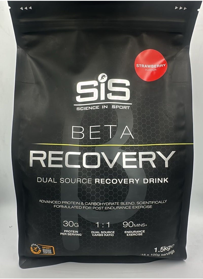 SIS BETA Recovery Dual Source Recovery Drink, advance protein and carbohydrated blend, scientifically formulated for post endurance exercise, 1:1 dual source carbs ratio 90 mins endurance exercise,15x100g servings | Strawberry Flavour, 30g Protein per Serving, 1.5kg  - Image 1