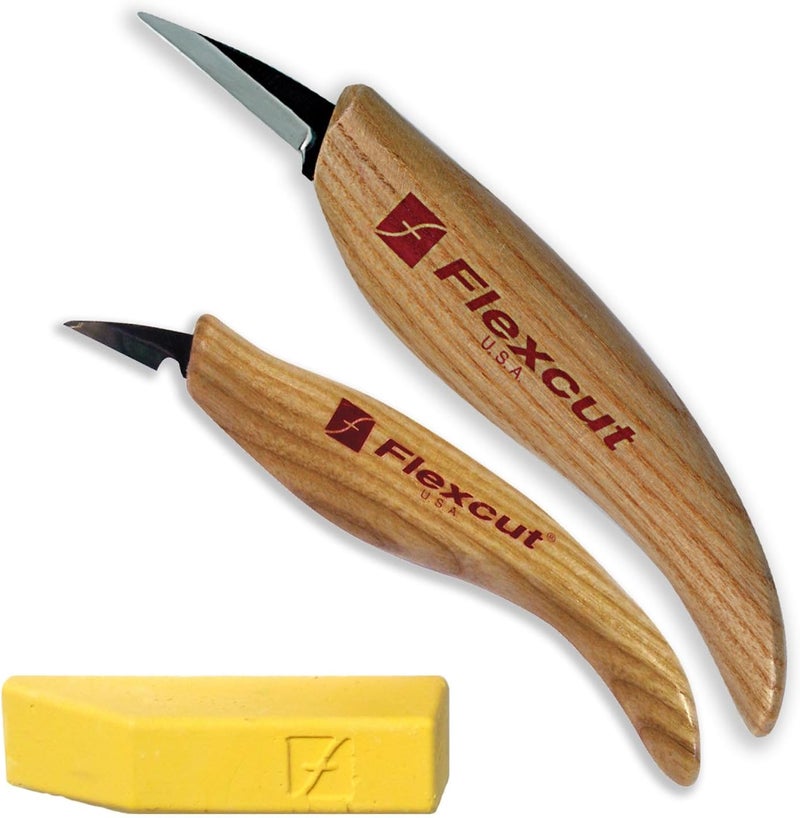 FLEXCUT Whittler’s Knife Kit (KN300) 2-Piece Set with KN13 & KN27 High-Carbon Steel Blades, Ergonomic Ash Wood Handles, Gold Polishing Compound, 5.2 oz, Made in USA - Image 1