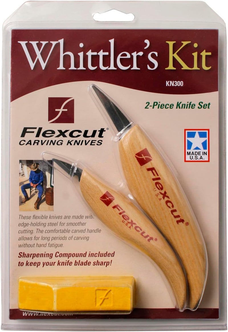 FLEXCUT Whittler’s Knife Kit (KN300) 2-Piece Set with KN13 & KN27 High-Carbon Steel Blades, Ergonomic Ash Wood Handles, Gold Polishing Compound, 5.2 oz, Made in USA - Image 2