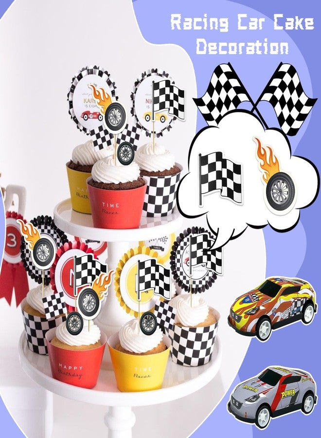 MEMOVAN Race Car Birthday Cake Decoration 24PCS Racing Car Cake Toppers Checkered Flag Cars Cake Cupcake Decorations for Man Boy Kid Racing Cars Theme Birthday Supplies Party Favors - Image 4