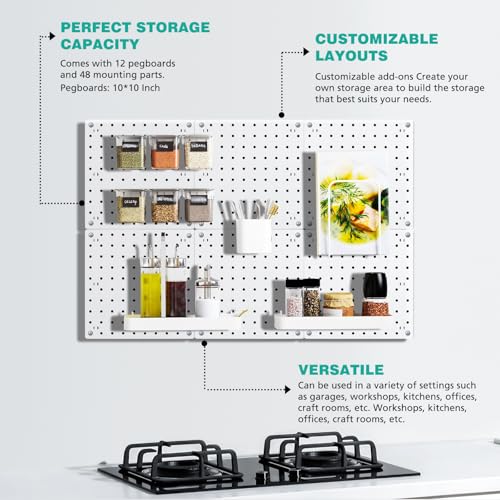 BOLUTDIF 12Pcs Peg board, Pegboard Wall Organizer Panels, Wall Mount Display Small Pegboard Kits, Pegboard, Peg Boards for Wall Craft Room, for Kitchen, Garage, Workshop, Tool Accessories - White Pegboard - Image 4