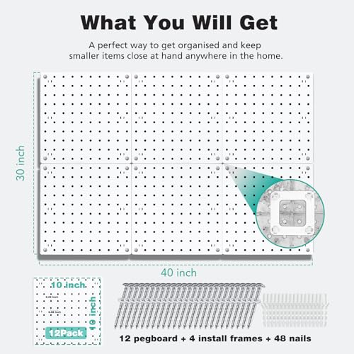 BOLUTDIF 12Pcs Peg board, Pegboard Wall Organizer Panels, Wall Mount Display Small Pegboard Kits, Pegboard, Peg Boards for Wall Craft Room, for Kitchen, Garage, Workshop, Tool Accessories - White Pegboard - Image 2