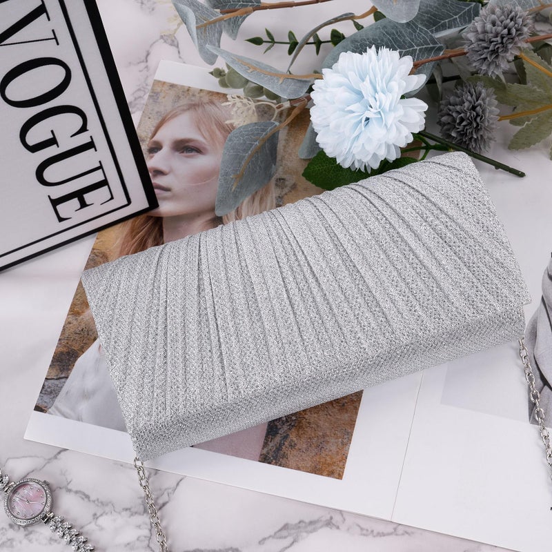 Larcenciel Clutch Purses for Women, Elegant Pleated Evening Bag with 2 Removable Chain Straps, Sparkling Silver Party Bags, Envelope Ladies Handbags for Formal Events Cocktail Weddings Prom Homecoming - Image 3