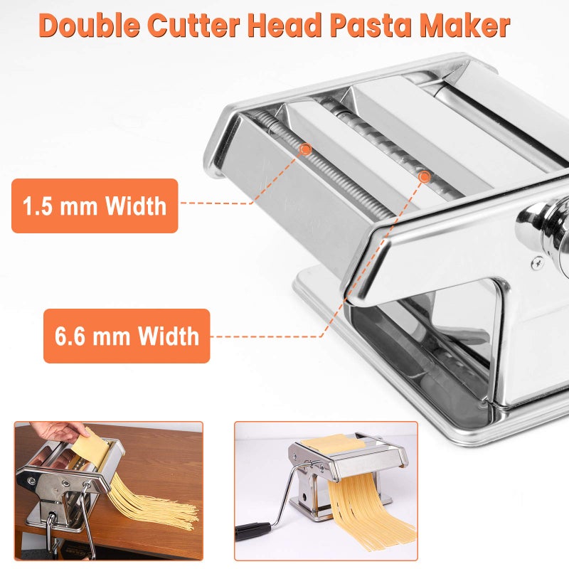 X Home Stainless Steel Pasta Maker Machine, 7 Adjustable Thickness Settings Roller & 2 Width Blades Dough Cutter for Spaghetti, Lasagna or Ravioli Skins - Image 3