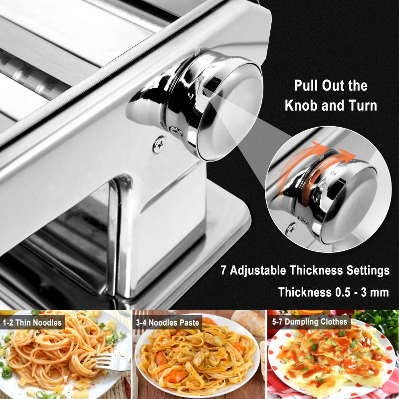 X Home Stainless Steel Pasta Maker Machine, 7 Adjustable Thickness Settings Roller & 2 Width Blades Dough Cutter for Spaghetti, Lasagna or Ravioli Skins - Image 2
