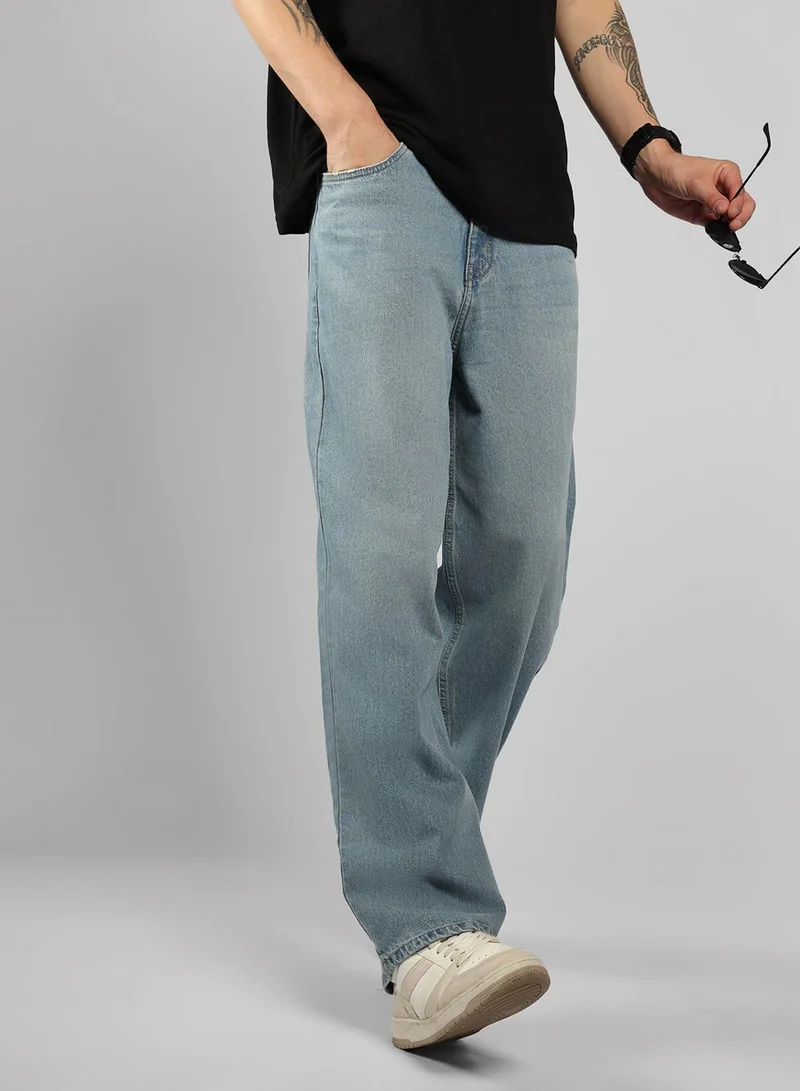 HIGH STAR  Men's Indigo 100% Cotton Bleached Full Length Baggy Jeans for Men | Best Price UAE