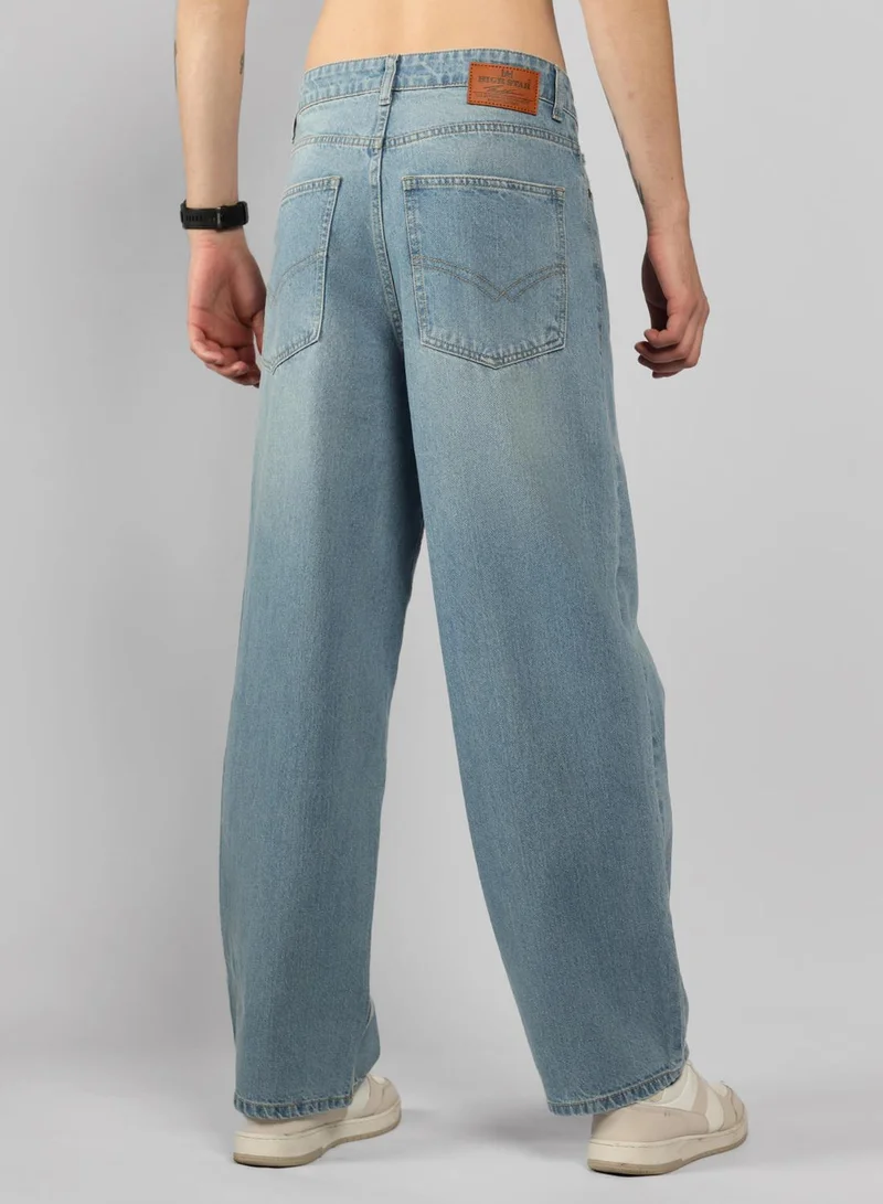 HIGH STAR  Men's Indigo 100% Cotton Bleached Full Length Baggy Jeans for Men | Best Price UAE