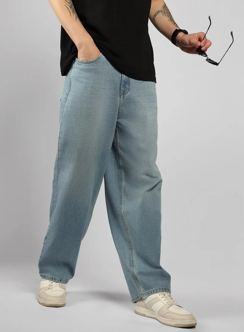 HIGH STAR  Men's Indigo 100% Cotton Bleached Full Length Baggy Jeans for Men | Best Price UAE