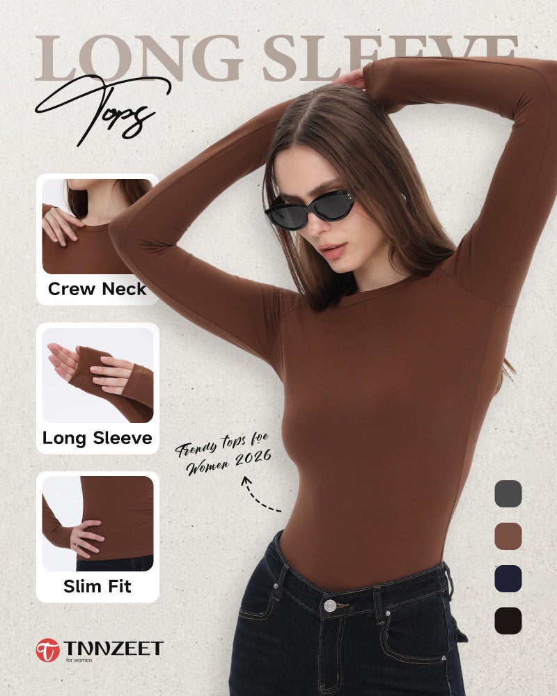 TNNZEET Long Sleeve Shirts for Women Basic Soft Tees Fashion Crop Tops Fall Spring Y2K Tight Clothes for Casual Workout 2026 Black White Brown - Image 2