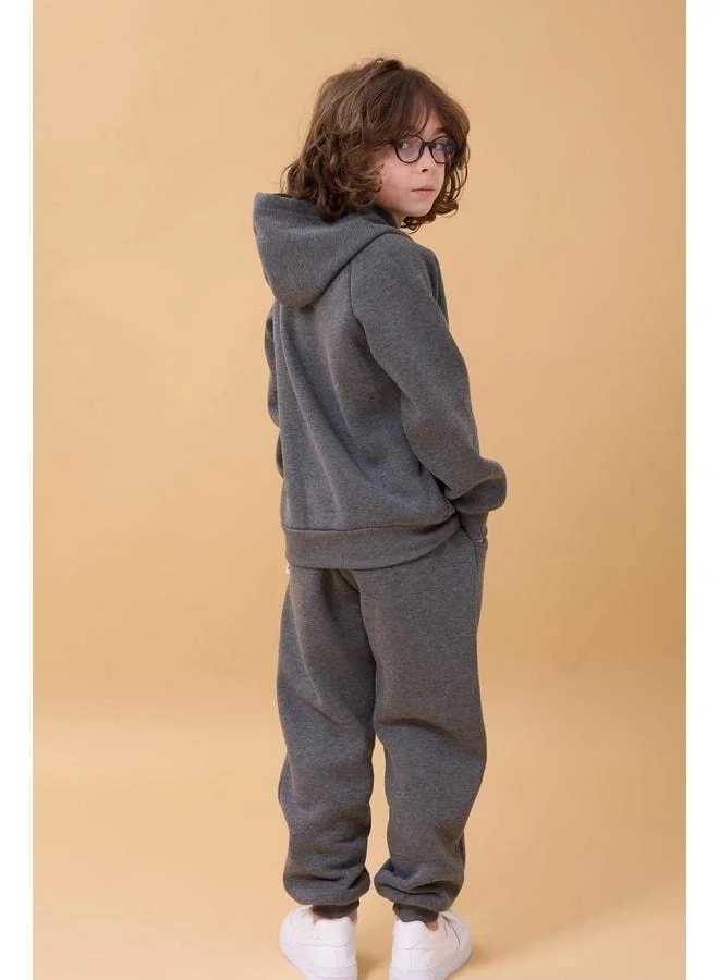 Perendi Reglan Sleeved Hooded Fleece-Lined Unisex Kids Set Anthracite.