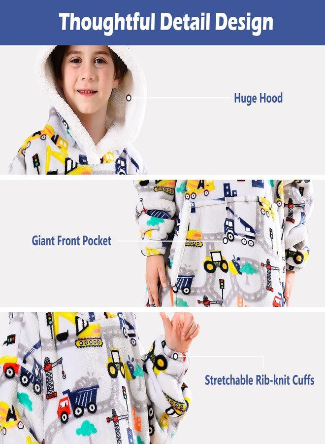 softan Wearable Blanket Hoodie for Kids, Super Warm and Soft Sherpa Flannel Sweatshirt Blanket with Giant Pocket, Hooded Blanket for 2-6 Year Old Boys Gifts, Construction Truck - Image 4