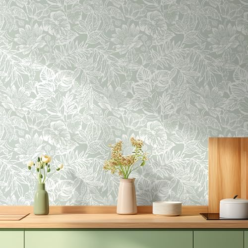 CiCiwind Peel and Stick Wallpaper Green and White Floral Removable Self Adhesive Modern Contact Paper Tropical Leaf Wall Paper Bathroom Bedroom Laundry Room Papel Tapiz para Pared 17.3"×78.7" - Image 2