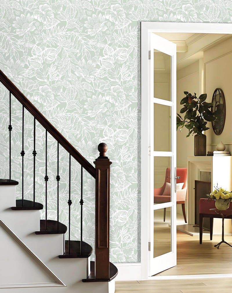 CiCiwind Peel and Stick Wallpaper Green and White Floral Removable Self Adhesive Modern Contact Paper Tropical Leaf Wall Paper Bathroom Bedroom Laundry Room Papel Tapiz para Pared 17.3"×78.7" - Image 5