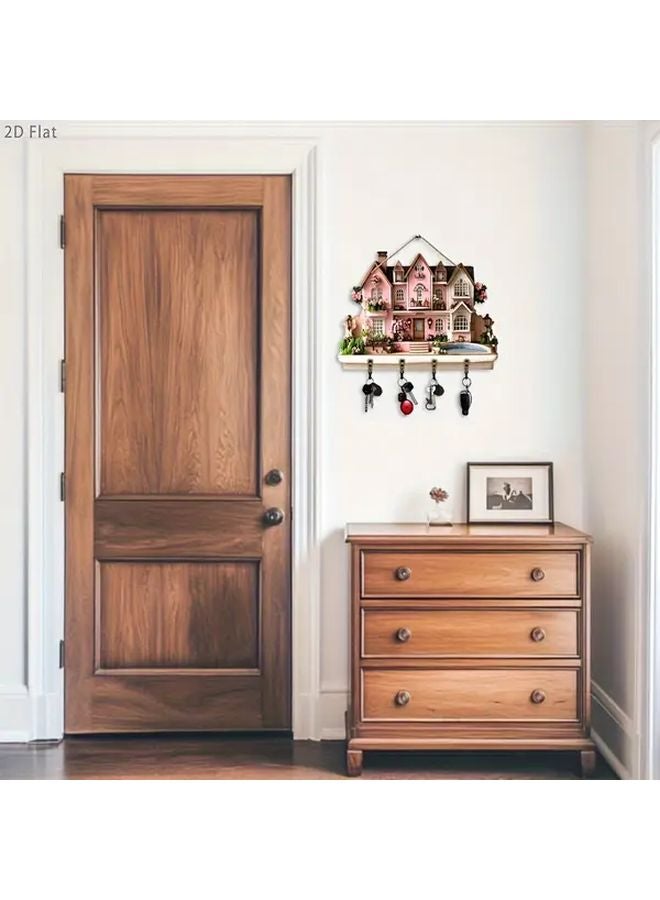 2D Flat Romantic Rose Manor Wood Key Rack With Four Metal Hooks Wall Decor - Image 4