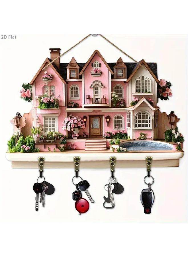 2D Flat Romantic Rose Manor Wood Key Rack With Four Metal Hooks Wall Decor - Image 2