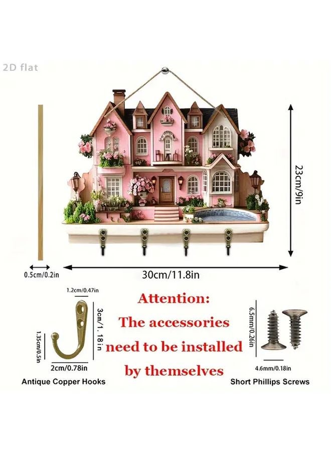 2D Flat Romantic Rose Manor Wood Key Rack With Four Metal Hooks Wall Decor - Image 3