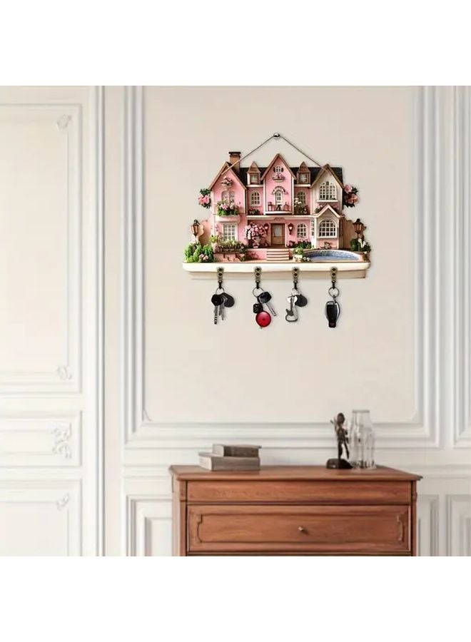 2D Flat Romantic Rose Manor Wood Key Rack With Four Metal Hooks Wall Decor - Image 5