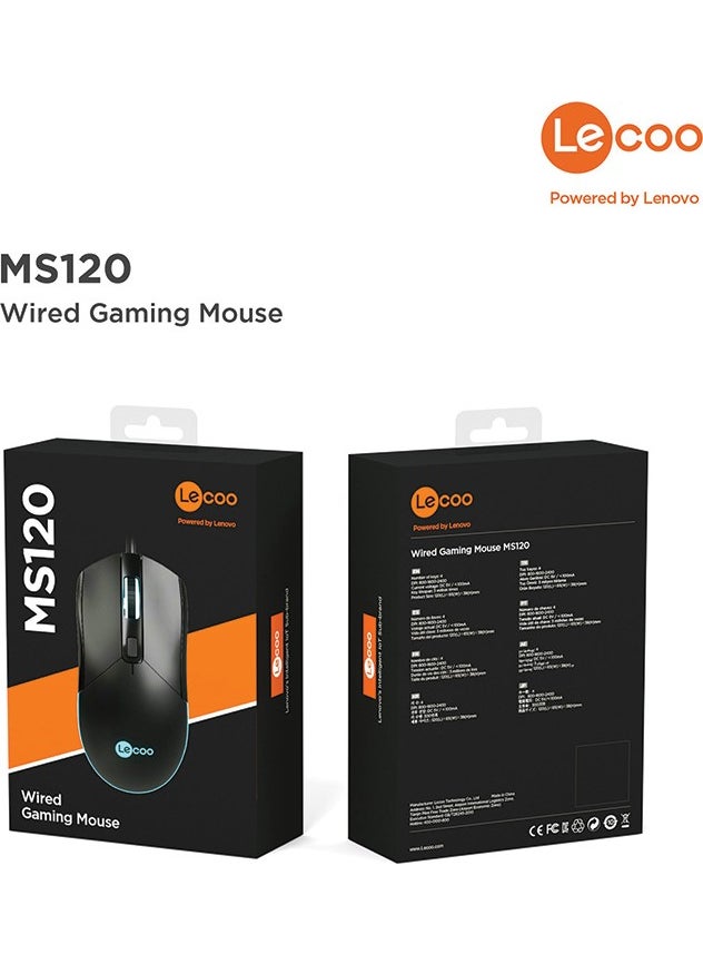 lecoo - Lenovo MS120 RGB LED Backlit USB Wired 2400DPI 4-Button 114.6g Optical Gaming Mouse Black - Image 1