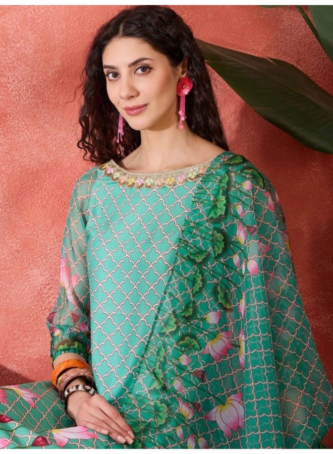 AKS Green Pichwai Art Kurta Set With Organza Printed Dupatta - Image 2
