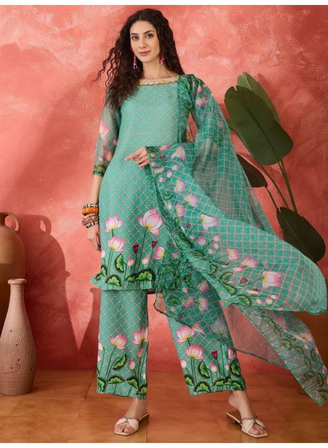 أيه كيه إس Green Pichwai Art Kurta Set With Organza Printed Dupatta