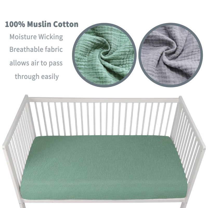 GUNTAIL Muslin Crib Sheets for Boys Girls 100% Cotton Fitted Baby Crib Sheet 2 Pack Soft and Breathable for Standard Crib Mattress & Toddler Mattress 52x28in (Gray & Green) - Image 3
