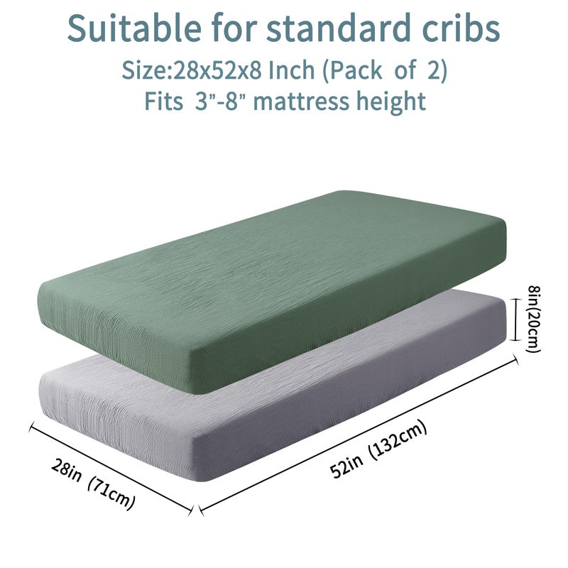 GUNTAIL Muslin Crib Sheets for Boys Girls 100% Cotton Fitted Baby Crib Sheet 2 Pack Soft and Breathable for Standard Crib Mattress & Toddler Mattress 52x28in (Gray & Green) - Image 4