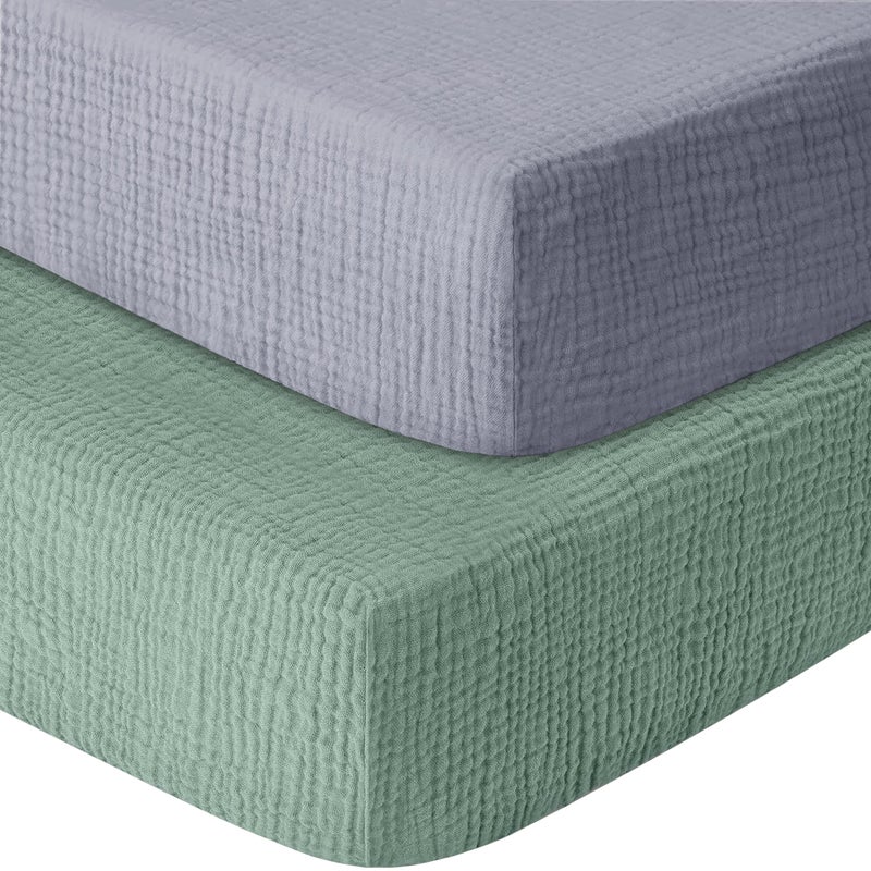 GUNTAIL Muslin Crib Sheets for Boys Girls 100% Cotton Fitted Baby Crib Sheet 2 Pack Soft and Breathable for Standard Crib Mattress & Toddler Mattress 52x28in (Gray & Green) - Image 1