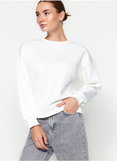 Ecru Thick Inside Fleece Regular/Normal Pattern Crew Neck Basic Knitted Sweatshirt TWOAW24SW00101