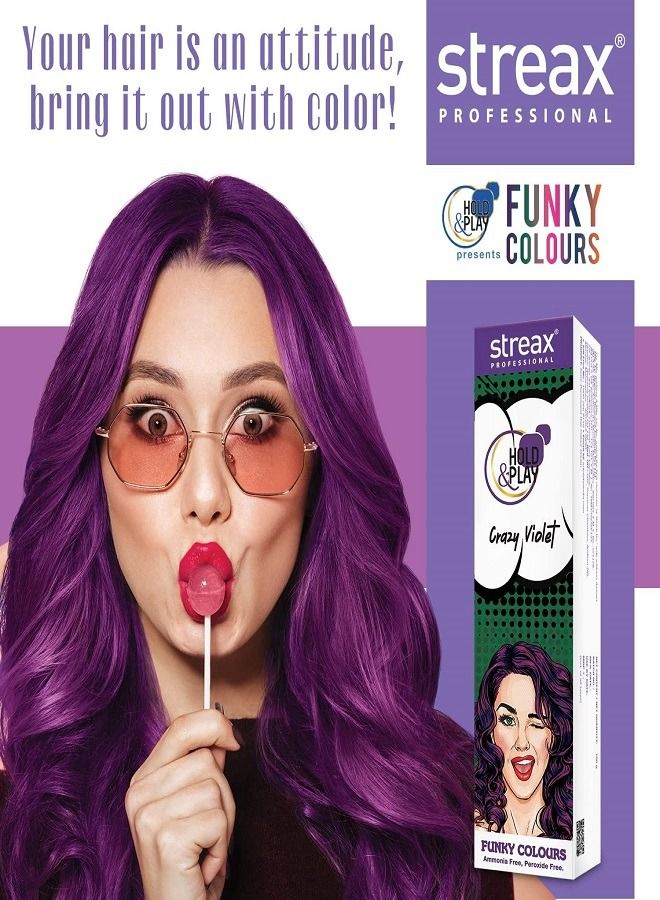 Streax Professional صبغة شعر احترافية من ستريكس هولد آند بلاي فانكي كولور كريزي فيوليت 100 جرام. صبغة شعر شبه دائمة. صبغة شعر للنساء. صبغة شعر بنفسجية. صبغة شعر احترافية من ستريكس. خالية من الأمونيا والبيروكسيد. - Image 2