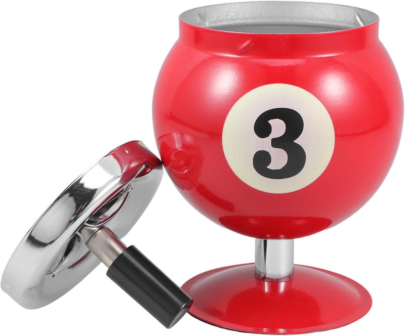 Metal Ashtray with Lid for Office and Desktop Use, Red Billiards-themed Indoor Metal Ash Holder, Covered Smoking Tray for Office Decor - Image 1