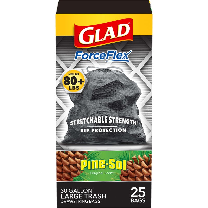 Glad Trash Bags ForceFlex Drawstring Large Garbage Bags 30 Gal PineSol Original Scent 25 Ct Pack May Vary