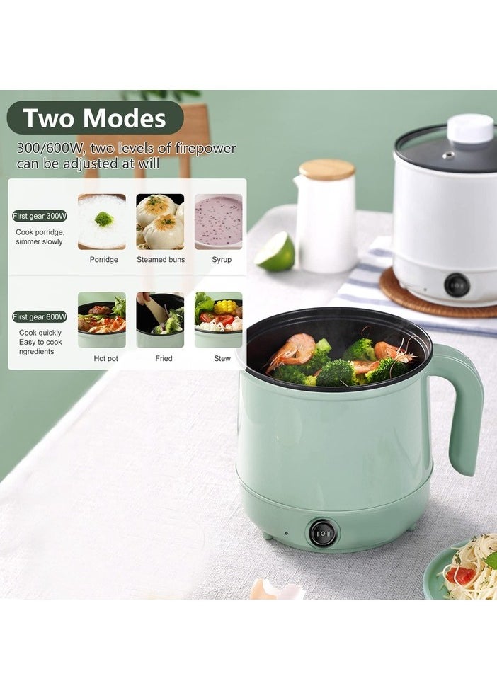 XiuWoo - Electric Hot Pot, Non-Stick Electric Skillet, Multi-Functional Mini Stock Pot, 1.7L Rapid Ramen Noodles Cooker, Dual Power Cooker for Soup, Pasta, Oatmeal, Porridge, Dumplings, Eggs, Green - Image 1