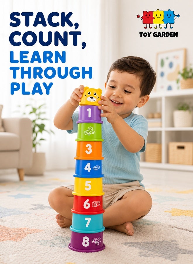 9-Piece Rainbow Stacking Cups Toy Set for Babies and Toddlers, Educational Developmental Learning Toy, Colorful Stacking Game Blocks for Early Skills, Cognitive and Motor Development, Fun Indoor Baby Toy for Boys and Girls - Image 1