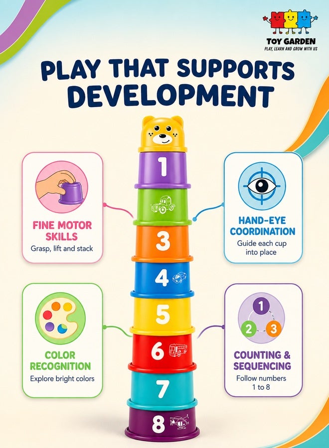 9-Piece Rainbow Stacking Cups Toy Set for Babies and Toddlers, Educational Developmental Learning Toy, Colorful Stacking Game Blocks for Early Skills, Cognitive and Motor Development, Fun Indoor Baby Toy for Boys and Girls - Image 3
