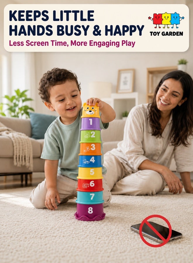 9-Piece Rainbow Stacking Cups Toy Set for Babies and Toddlers, Educational Developmental Learning Toy, Colorful Stacking Game Blocks for Early Skills, Cognitive and Motor Development, Fun Indoor Baby Toy for Boys and Girls - Image 2