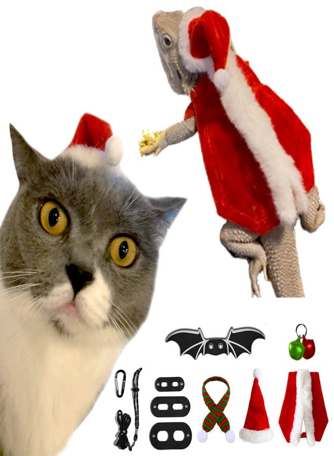 WATFOON 10 Pack Christmas Bearded Dragon Santa Hat Xmas Cloak Scarf with Antlers Adjustable Strap Set Xmas Costume Accessories for Reptile Small Animals Xmas Clothing Cosplay Party (Outfit+Leash) - Image 1