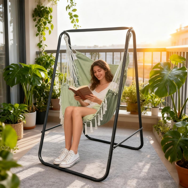 PIRNY Hammock Chair with Stand,Heavy-Duty Hammock Stand with Large Indoor Swing,MAX Load 500 LBS,Hanging Chair with Stand for Indoor Outdoor,Swing Chair with 2 Cushions Included(Green) - Image 2