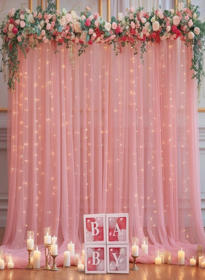 Shillance 10ft x 10ft Dusty Rose Backdrop Curtain Panels with Lights String for Parties, Sheer Tulle Wedding Backdrop Drapes for Baby Shower Birthday Party Home Decorations - Image 2