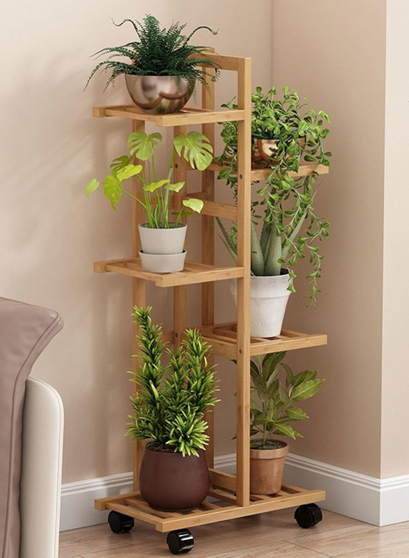 WALALLA Bamboo Rolling Plant Stand Indoor Outdoor, Multiple Flower Pot Holder Shelf Dispaly Stand with Wheels, Tiered Planter Display Shelving Unit for Patio Garden Corner Balcony Living Room,5-Tier - Image 1