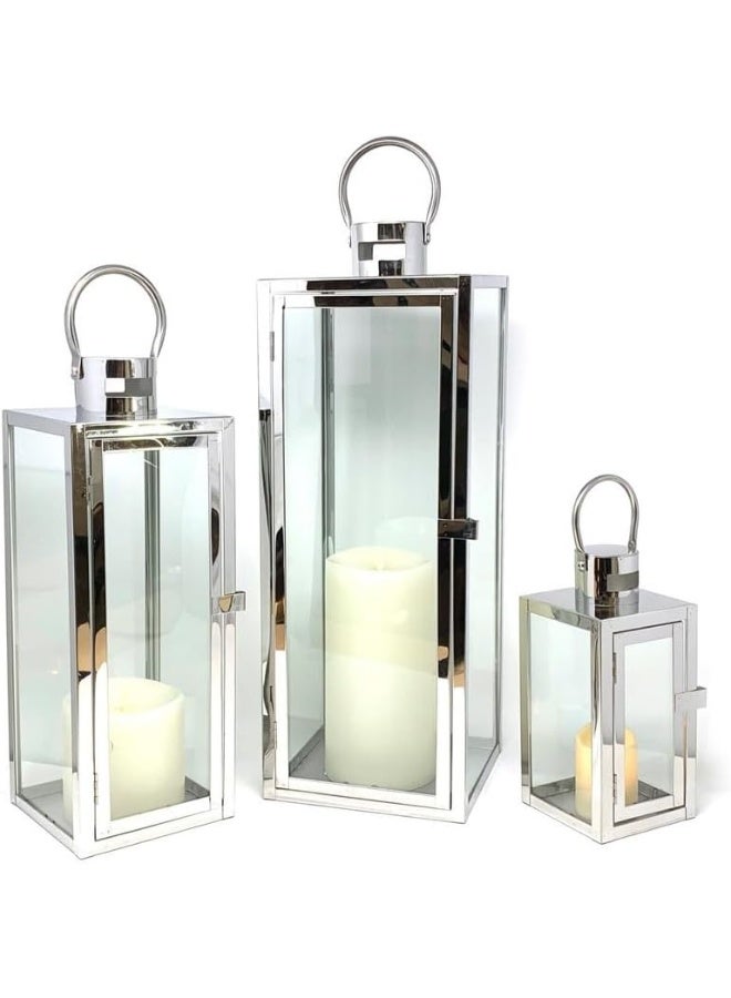 Outdoor Hurricane Silver Square Candle Lantern Set 12X4.5X4.5Cm Silver  - Image 2