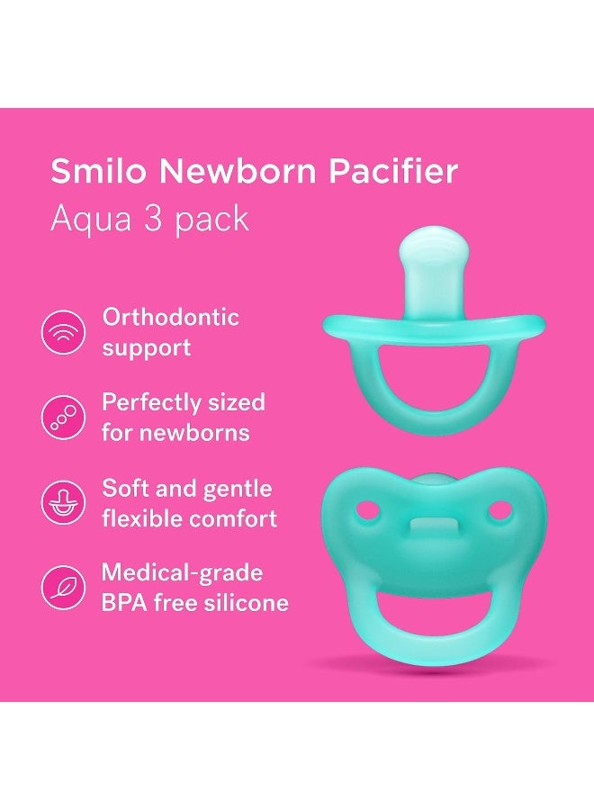 Smilo Newborn Baby Pacifier - 3 Pack of Orthodontic Pacifiers for Babies from 0-2 Months - Expands to Support The Palate During Soothing - BPA-Free - Aqua - Image 2
