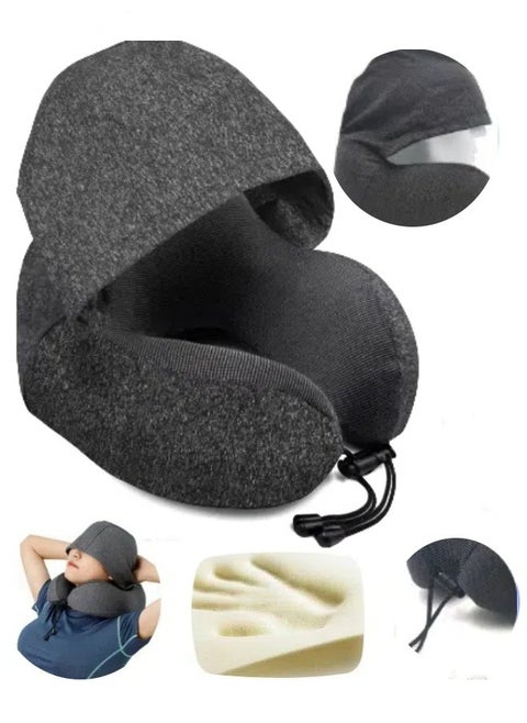 Hooded U-shaped Travel Pillow, Memory Foam Travel Pillow, Portable Office Pillow, Car and Train Long Flight Sleeping Pillow