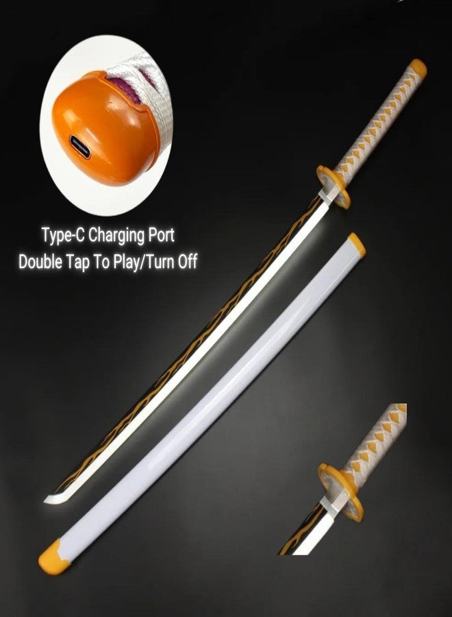 EXCELCHOICE Demon Slayer Zenitsu Led Katana Wooden Sword/LED Katana Toy Life Size Nichirin 104CM Bamboo Wood Zenitsu Katana Toy (with Stand) Anime Cosplay Replica (Stand : Double Layer, 104CM) - Image 4