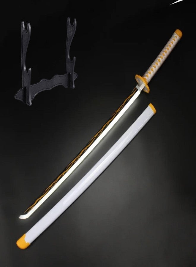 EXCELCHOICE Demon Slayer Zenitsu Led Katana Wooden Sword/LED Katana Toy Life Size Nichirin 104CM Bamboo Wood Zenitsu Katana Toy (with Stand) Anime Cosplay Replica (Stand : Double Layer, 104CM) - Image 1