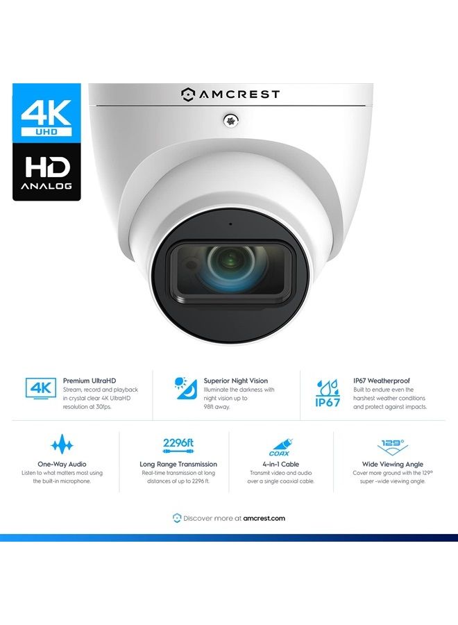 AMCREST Analog 4K Outdoor Security Camera, Turret 8MP @20fps CCTV-Coax-BNC Camera, 98ft Night Vision, 125° Angle, Built-in Mic, White (AMC4KDM28-W-V2), (Not an IP Camera) DVR Required, Not Included) - Image 2