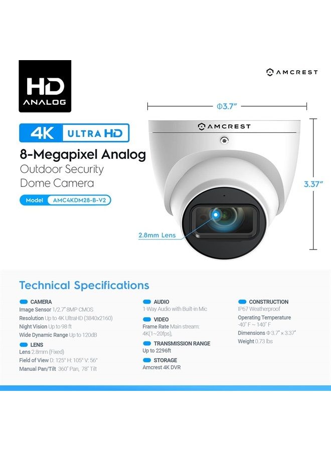 AMCREST Analog 4K Outdoor Security Camera, Turret 8MP @20fps CCTV-Coax-BNC Camera, 98ft Night Vision, 125° Angle, Built-in Mic, White (AMC4KDM28-W-V2), (Not an IP Camera) DVR Required, Not Included) - Image 4