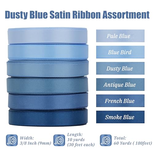 MAYREEL Dusty Blue Satin Ribbon 3/8 Inch Thin Slate Blue Ribbon for Gift Wrapping Wedding Bridal Shower Crafts 6 Rolls 10 Yards Each Color Total 60 Yards - Image 2
