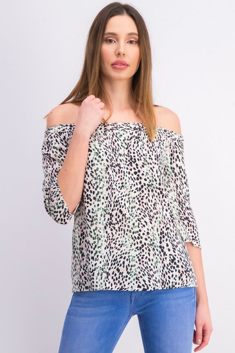 Reserved Women Off,Shoulder 3 and 4 Sleeve Allover Printed Top, Multicolor - Image 1