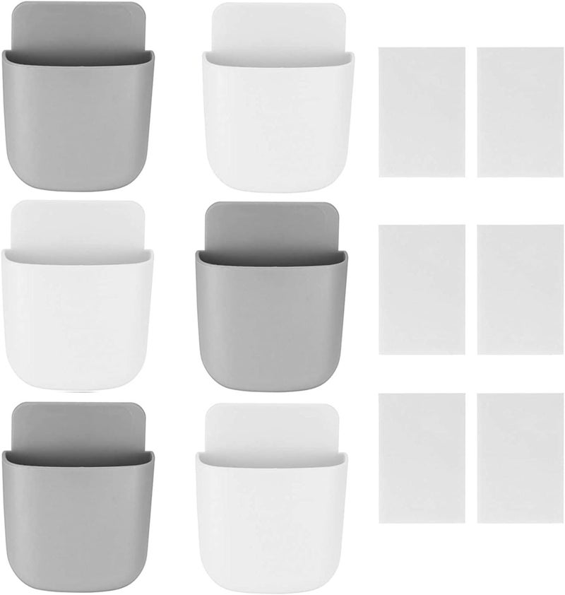 TOOINKCV 6 Pcs Remote Control Holder Wall Mounted, Self-Adhesive Wall Mount Phone Pen Pencil Makeup Brushes Glasses Holder Storage Box Organizer for Wall Beside Table (3 White+ 3 Grey) - Image 1