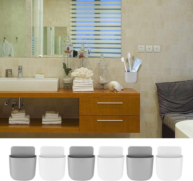 TOOINKCV 6 Pcs Remote Control Holder Wall Mounted, Self-Adhesive Wall Mount Phone Pen Pencil Makeup Brushes Glasses Holder Storage Box Organizer for Wall Beside Table (3 White+ 3 Grey) - Image 4